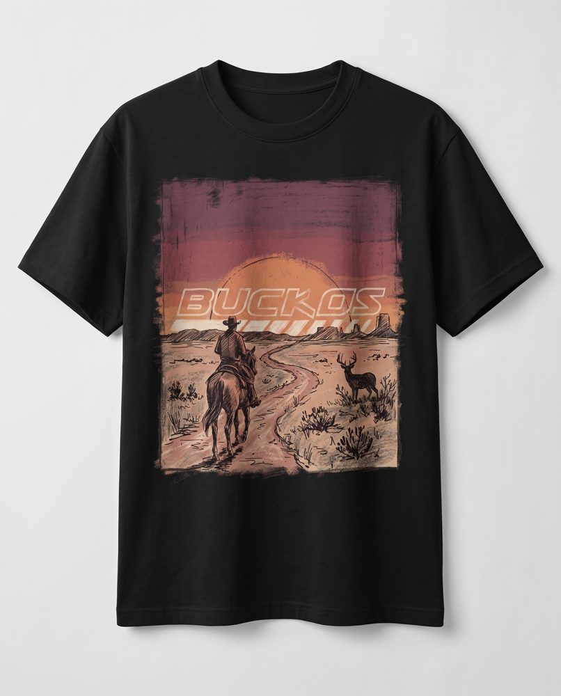 Dusk Rider tee — heavyweight black tee with a chalk-faded sunset print: lone rider, whitetail buck, and the BUCKOS wordmark hanging over the sun